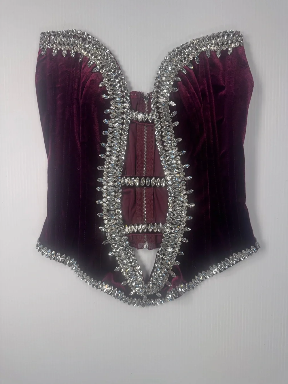 Burgundy Rhinestone Corset Top | Strapless Velvet Bustier | S/M/L - Picture 3 of 5